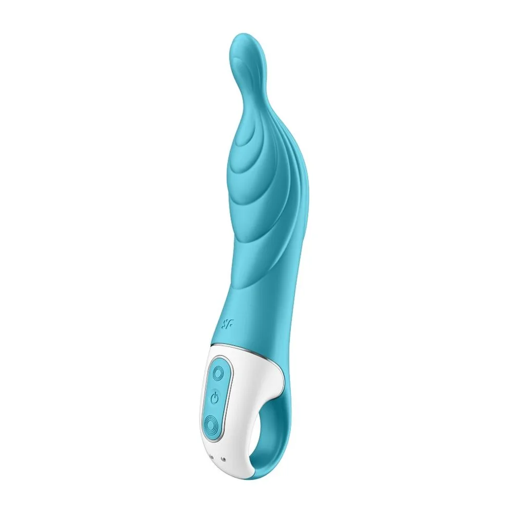 Vibromasseur point G bleu turquoise avec tige rainurée et poignée ergonomique blanche, commandes tactiles visibles, sur fond blanc