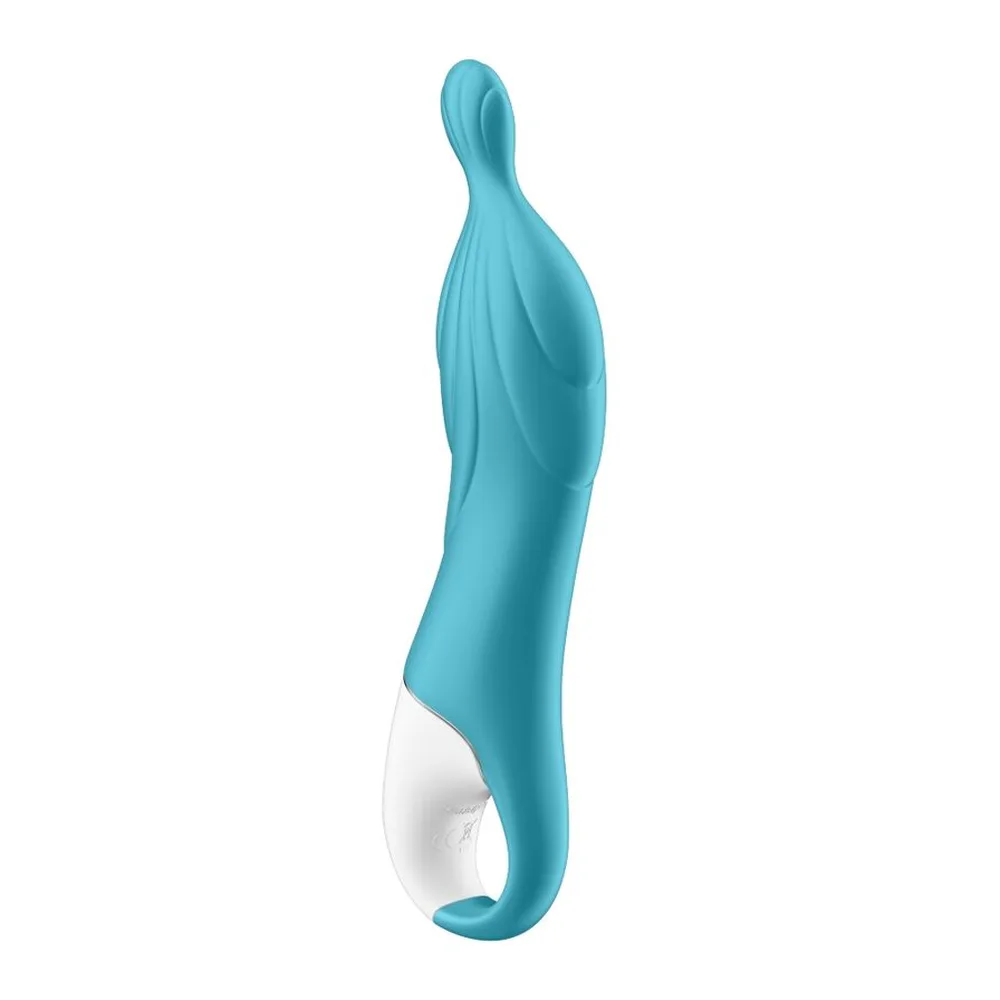 Vibromasseur point G bleu turquoise avec tige rainurée et poignée ergonomique blanche, commandes tactiles visibles, sur fond blanc