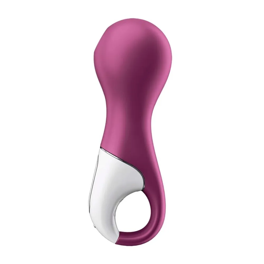 Stimulateur clitoridien en silicone rose fuchsia avec poignée annulaire blanche, forme ergonomique et arrondie, sur fond blanc