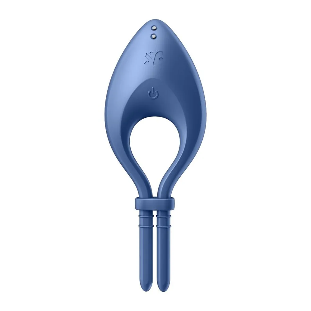 Stimulateur bleu en silicone avec poignée cannelée, tête en forme de larme avec ouverture centrale, boutons de contrôle sur le sommet