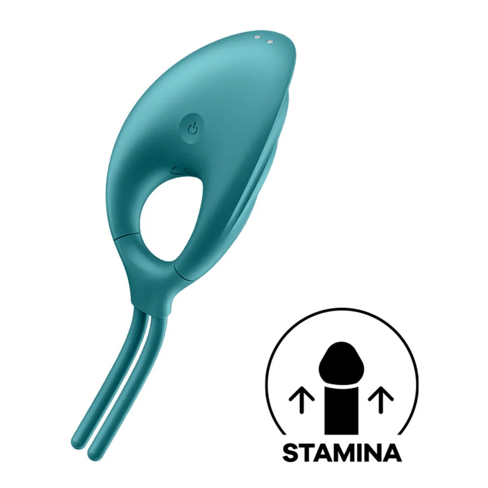 Stimulateur clitoridien en silicone bleu pétrole, forme courbe allongée avec ailettes ondulantes en haut et tige fine en bas, fond blanc