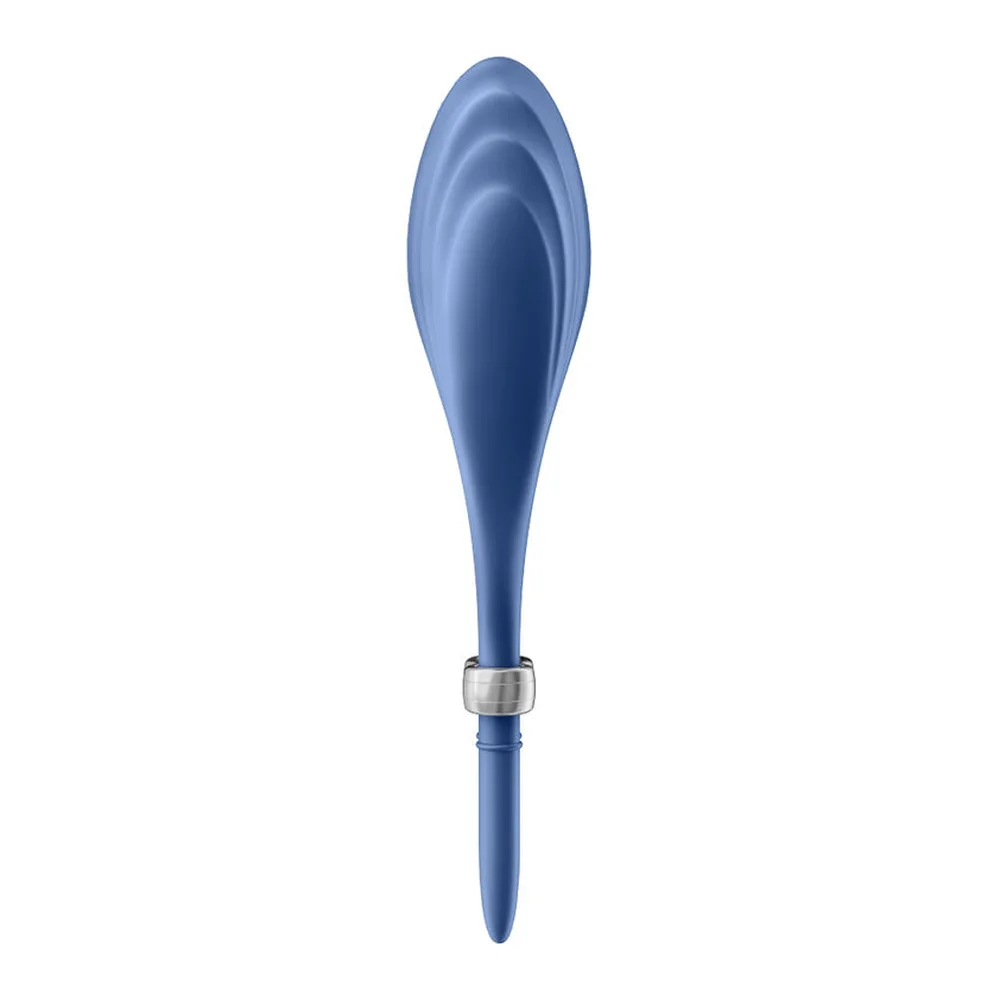 Anneau vibrant bleu en silicone avec nervures, tête allongée et base effilée, bague métallique de liaison visible, fond blanc