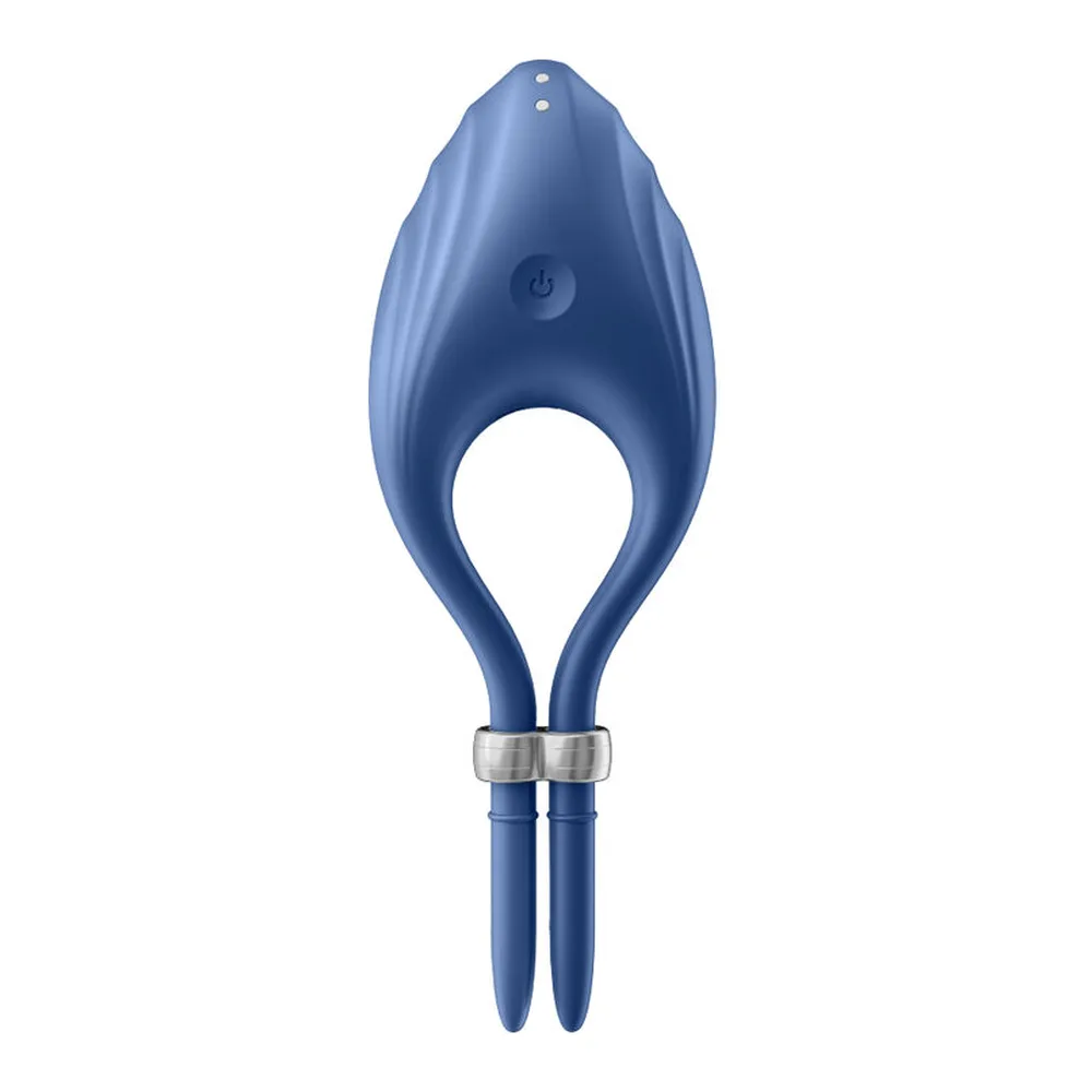 Anneau vibrant bleu en silicone avec nervures, tête allongée et base effilée, bague métallique de liaison visible, fond blanc