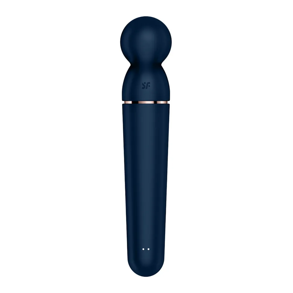 Wand bleu marine en silicone avec tête sphérique bombée, bande dorée au milieu, contrôles tactiles à la base, sur fond blanc
