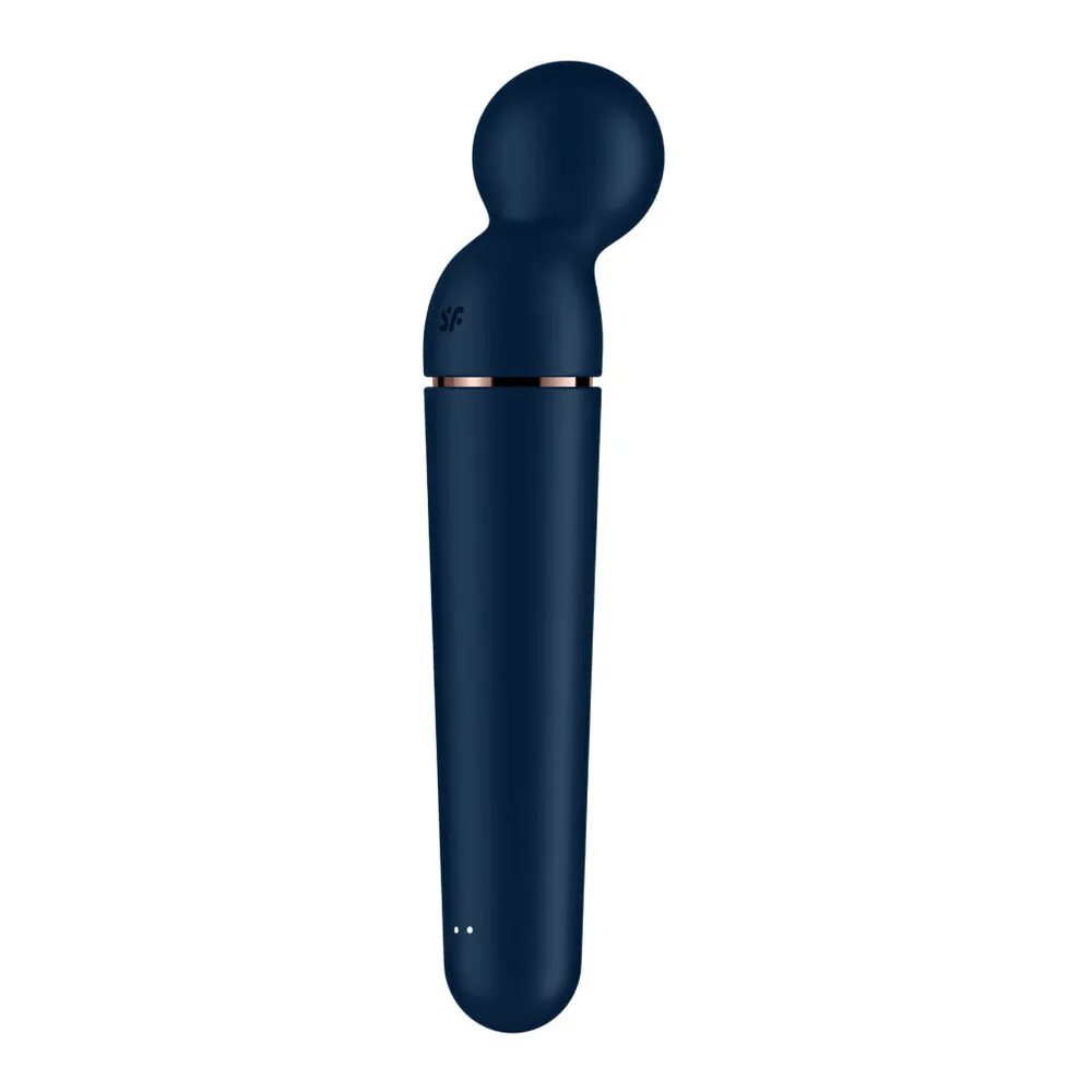 Wand bleu marine en silicone avec tête sphérique bombée, bande dorée au milieu, contrôles tactiles à la base, sur fond blanc