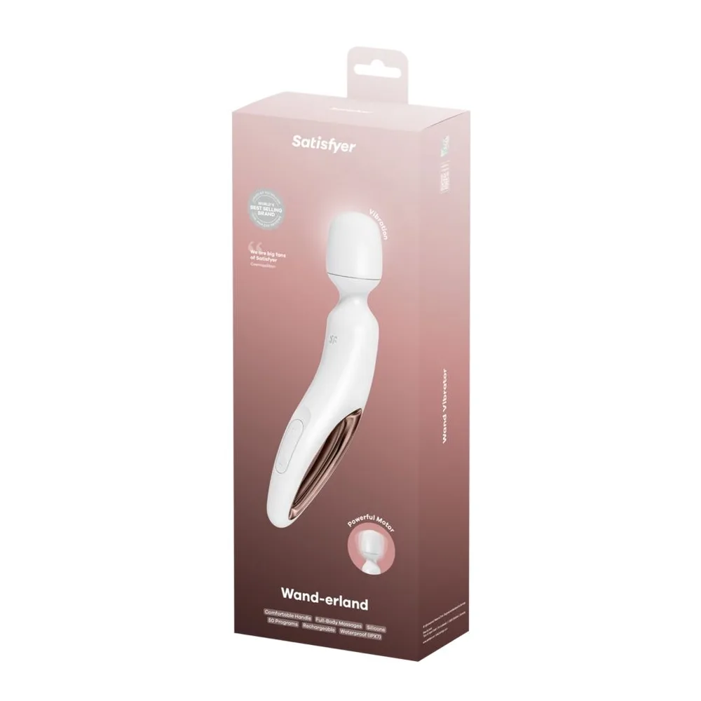 Wand masseur blanc en silicone avec tête arrondie, corps courbé et anneau de préhension bronze, fond neutre