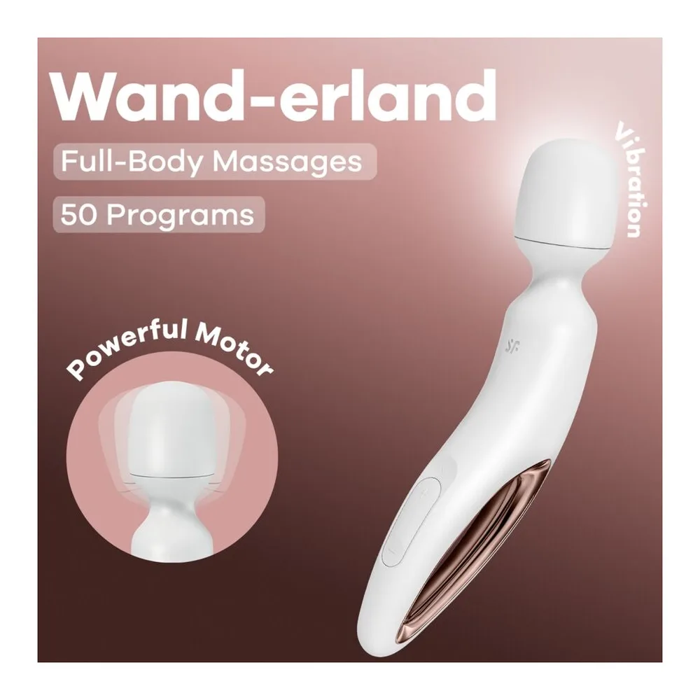 Wand masseur blanc en silicone avec tête arrondie, corps courbé et anneau de préhension bronze, fond neutre
