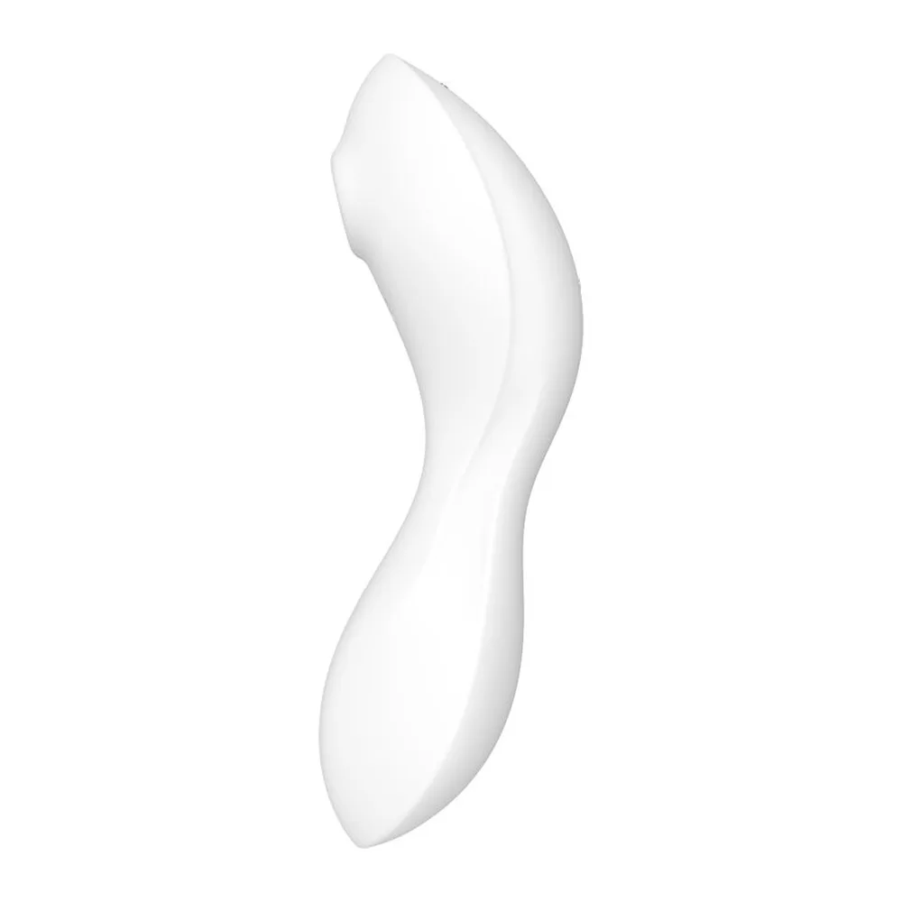 Boîte de l'Air Pulse Vibrator Curvy Trinity 5+ de Satisfyer, emballage rose et bleu avec illustration d'un visage en ligne et image du stimulateur blanc courbe