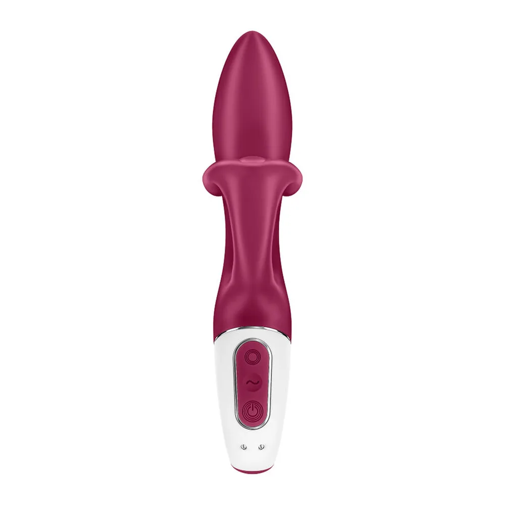 Vibromasseur rabbit en silicone bordeaux et blanc, forme inversée avec stimulateur bulbeux en haut, poignée ergonomique en boucle équipée d'un écran de contrôle tactile, fond blanc