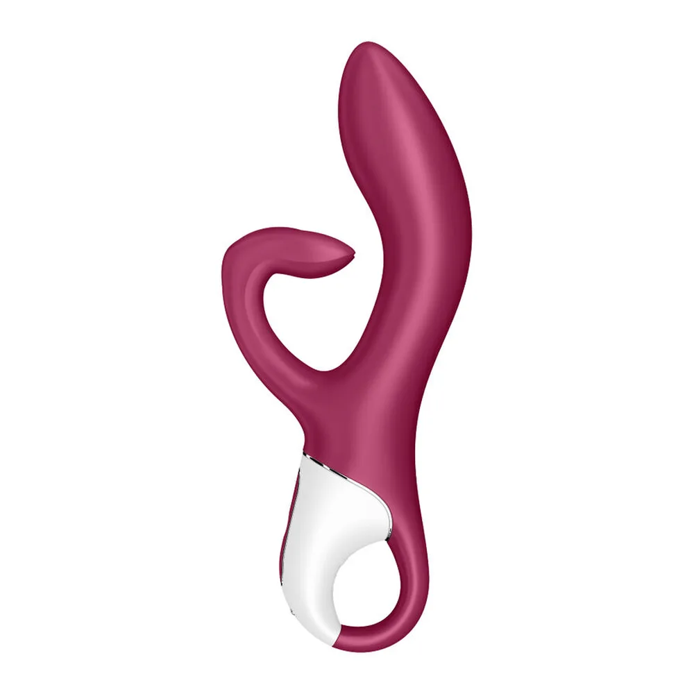 Vibromasseur rabbit en silicone bordeaux et blanc, forme inversée avec stimulateur bulbeux en haut, poignée ergonomique en boucle équipée d'un écran de contrôle tactile, fond blanc