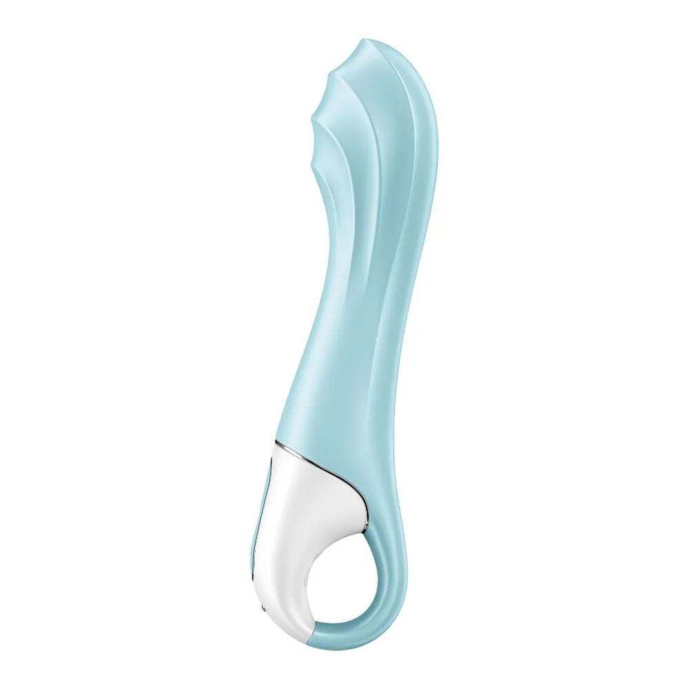 Vibromasseur bleu ciel et blanc avec tige ondulée se gonflant, poignée ergonomique et commandes intégrées, sur fond blanc
