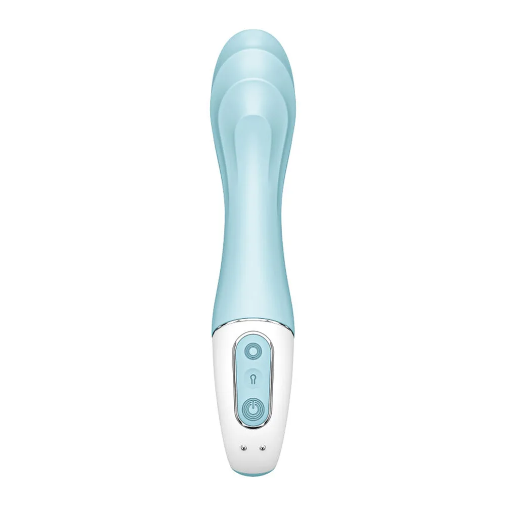 Vibromasseur bleu ciel et blanc avec tige ondulée se gonflant, poignée ergonomique et commandes intégrées, sur fond blanc