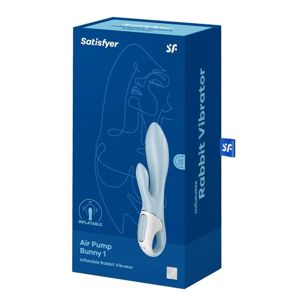 Vibromasseur rabbit bleu ciel en silicone avec tige gonflable, poignée blanche et grise équipée de deux boutons de commande, sur fond blanc