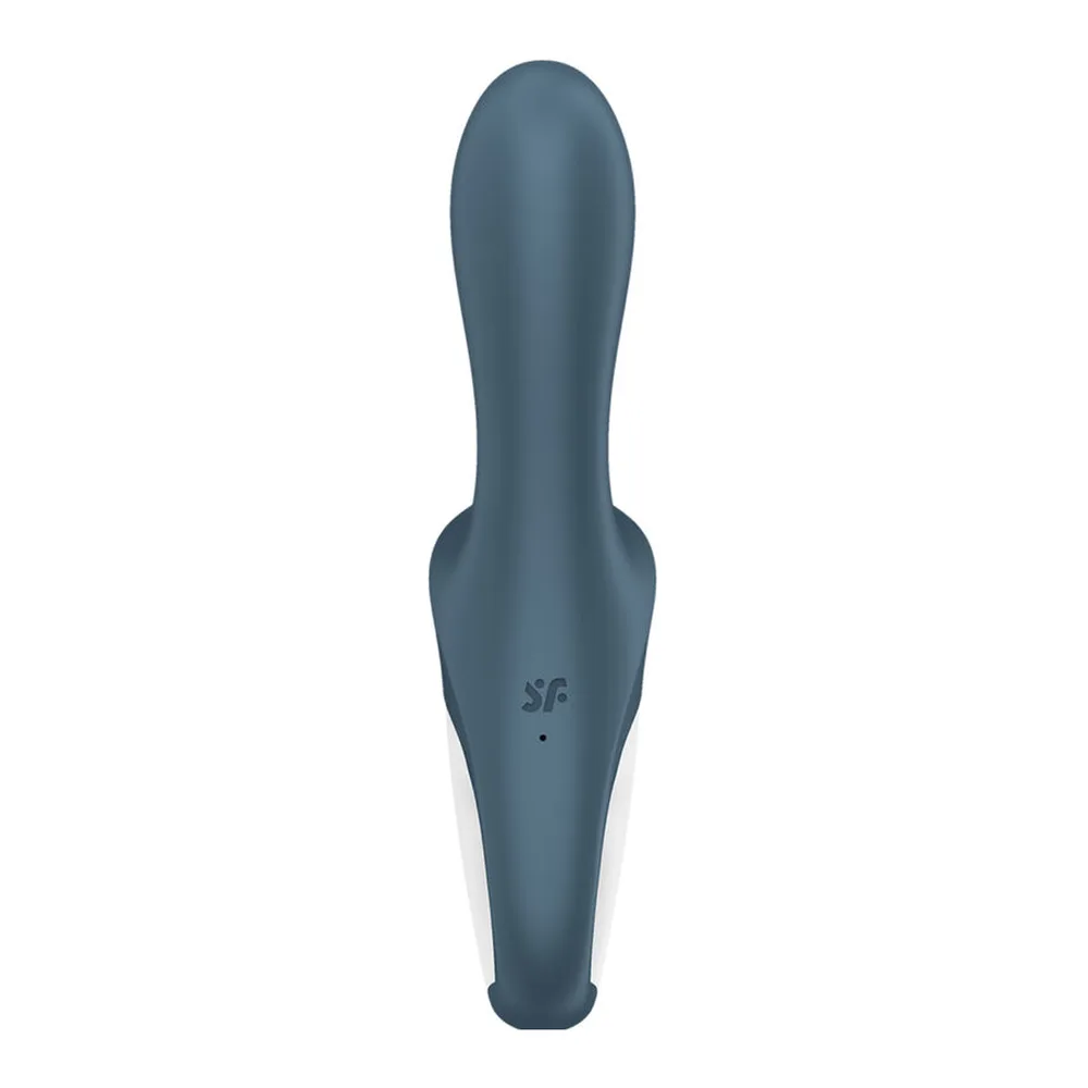 Plug anal gonflable gris bleu, forme allongée avec base élargie, bouton de commande visible sur le corps, sur fond blanc