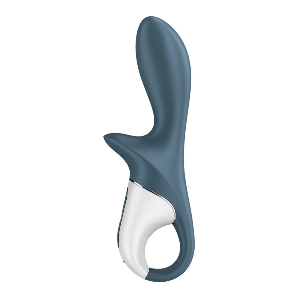 Plug anal gonflable gris bleu, forme allongée avec base élargie, bouton de commande visible sur le corps, sur fond blanc