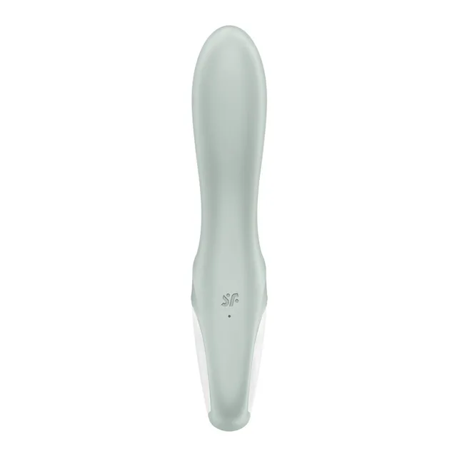 Plug anal gonflable en silicone vert sauge, forme effilée avec corps courbé et base plate, sur fond blanc