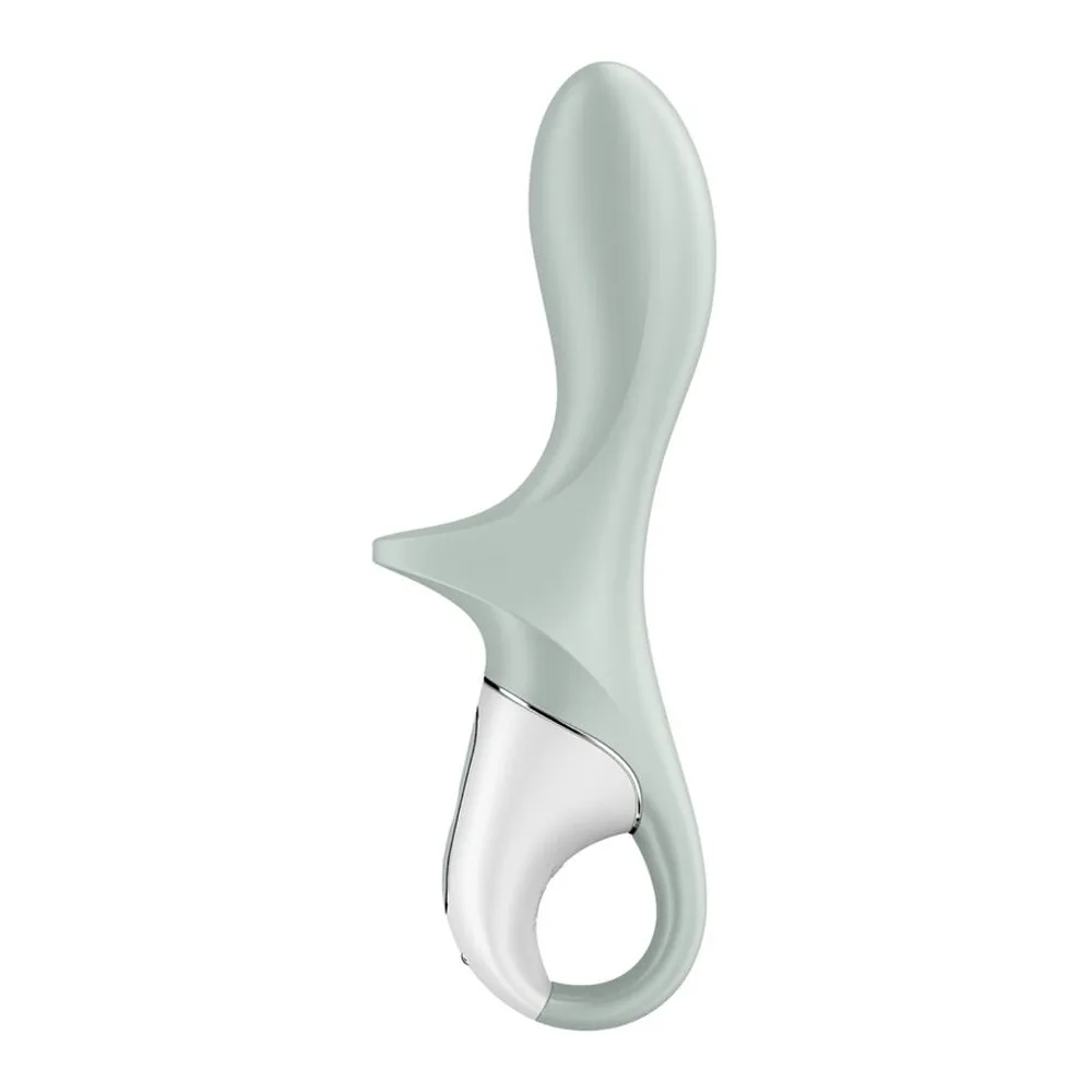Plug anal gonflable en silicone vert sauge, forme effilée avec corps courbé et base plate, sur fond blanc