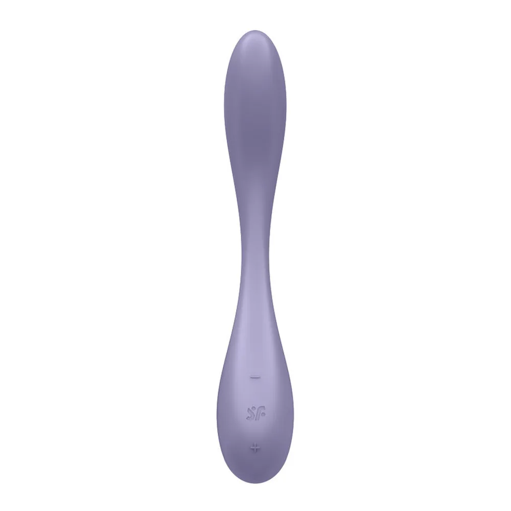 Vibromasseur point G violet gris en silicone, col flexible incurvé, tête arrondie, poignée évasée, sur fond blanc