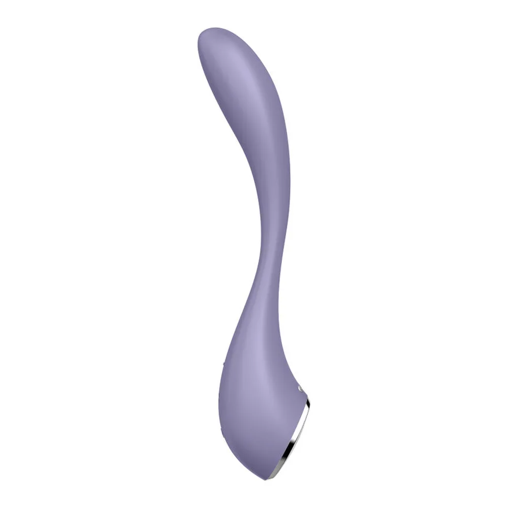 Vibromasseur point G violet gris en silicone, col flexible incurvé, tête arrondie, poignée évasée, sur fond blanc