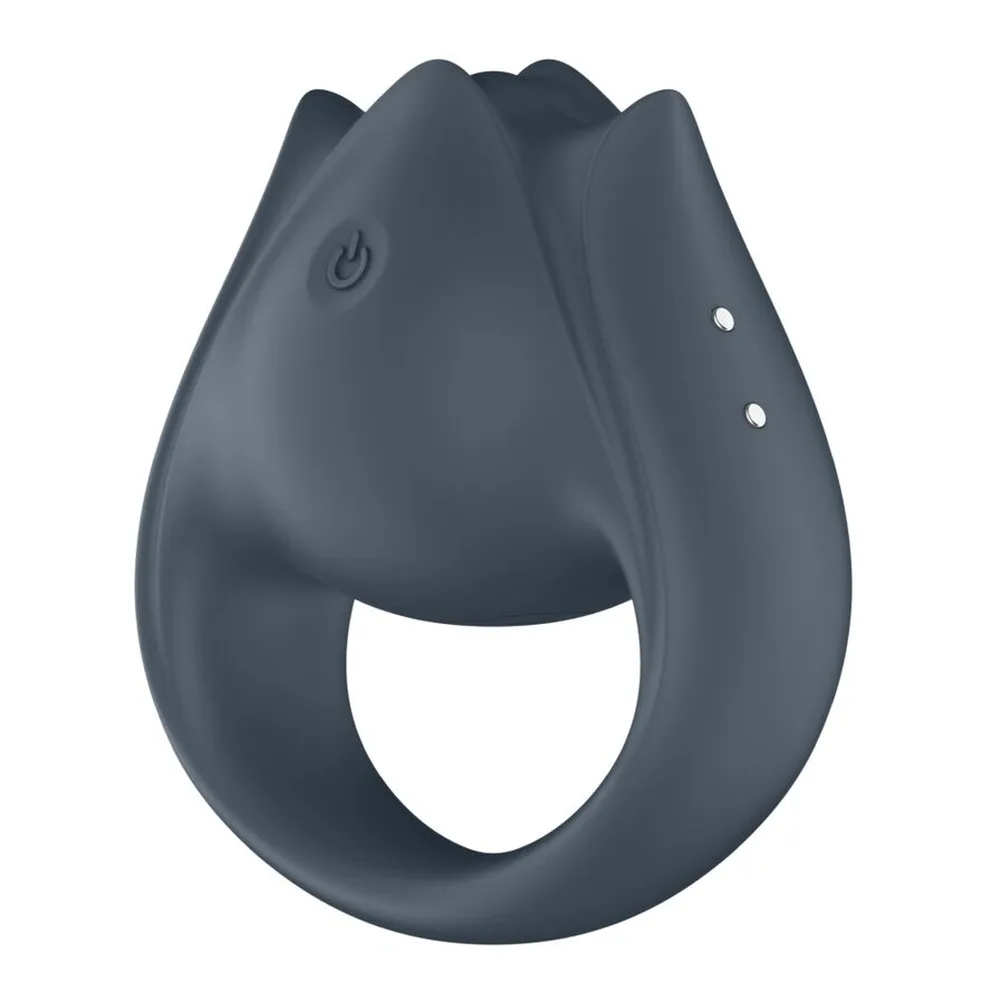 Vibromasseur anthracite en silicone avec forme ergonomique, ouverture centrale, bouton d'alimentation sur le côté et deux points d'appui blancs, fond blanc