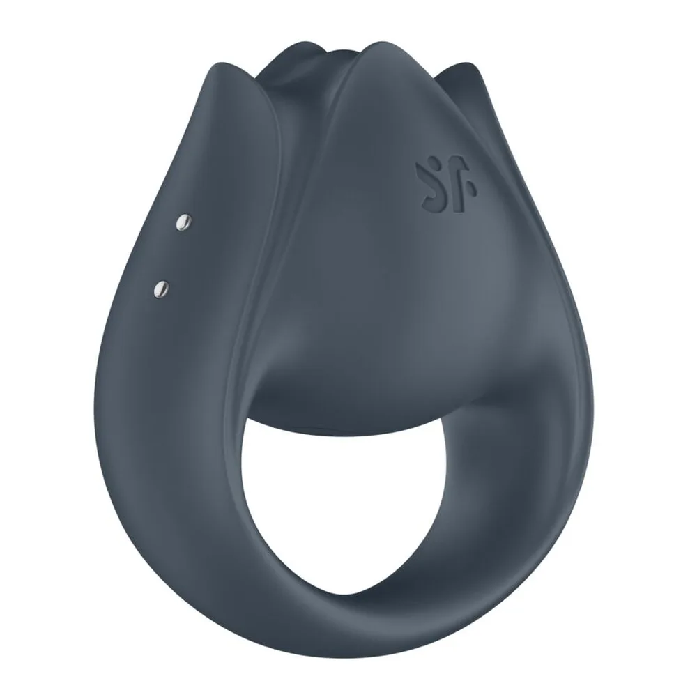 Vibromasseur anthracite en silicone avec forme ergonomique, ouverture centrale, bouton d'alimentation sur le côté et deux points d'appui blancs, fond blanc