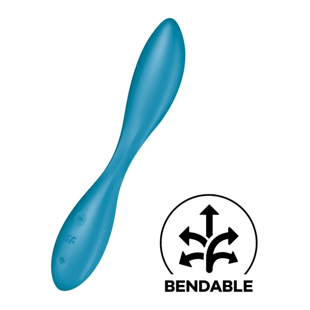Emballage rose et violet du vibromasseur Satisfyer G-Spot Flex 1, montrant le produit bleu-vert avec col flexible sur la boîte