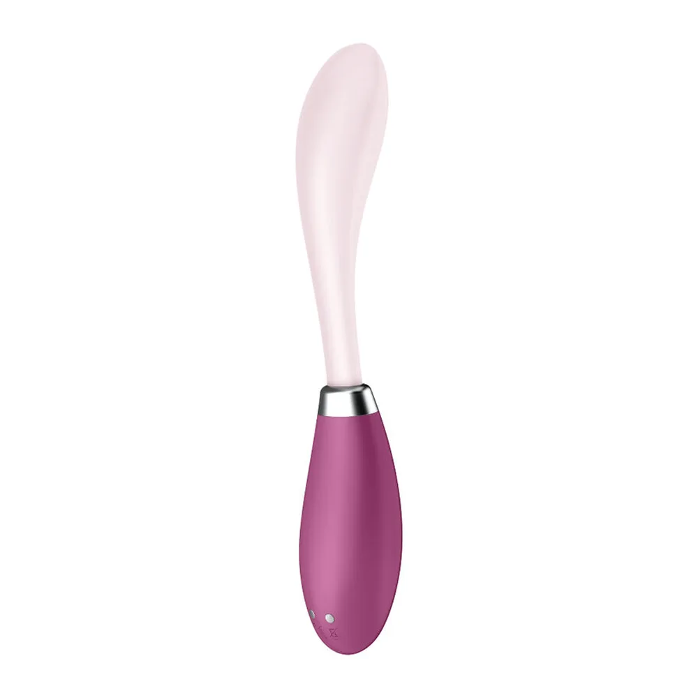 Vibromasseur point G avec col flexible rose pâle et corps ovoïde rose foncé à anneau métallique, sur fond blanc