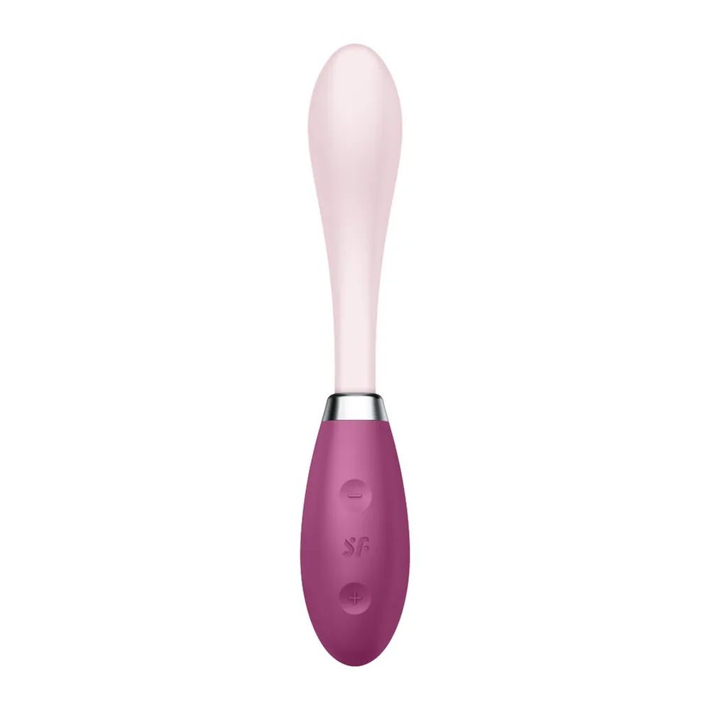 Vibromasseur point G avec col flexible rose pâle et corps ovoïde rose foncé à anneau métallique, sur fond blanc