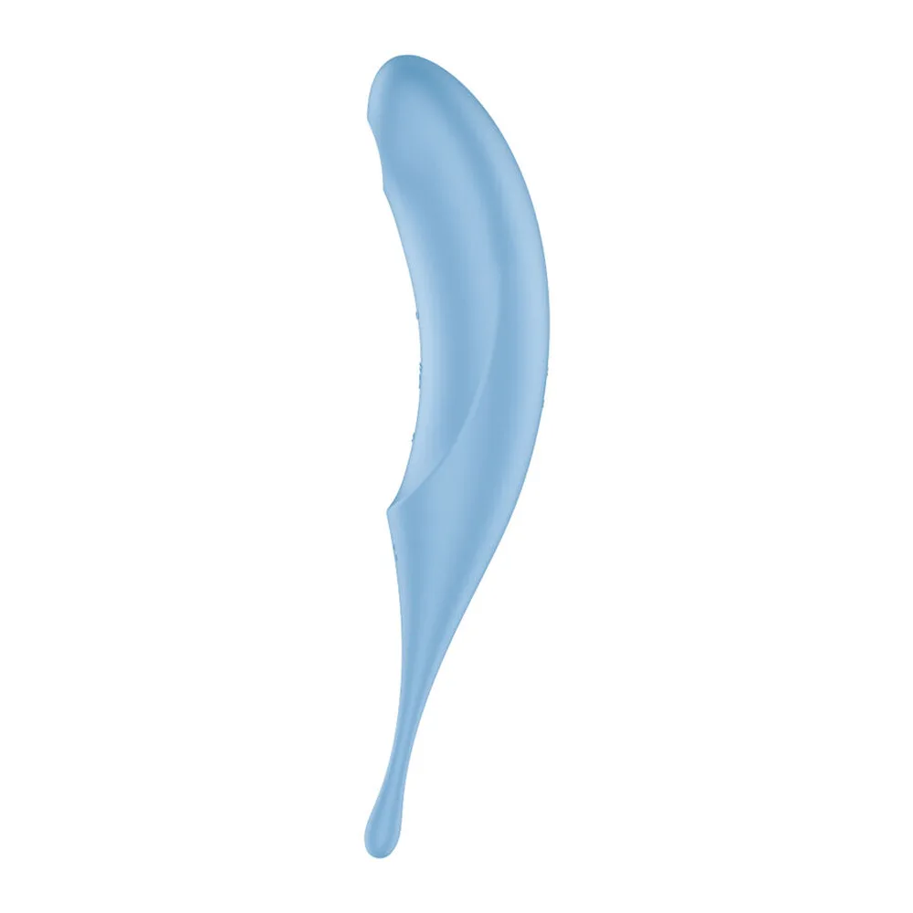 Vibromasseur bleu ciel au design allongé avec embout arrondi et flexible, dotée de commandes discrètes au centre et d'un embout fin pointu, sur fond blanc
