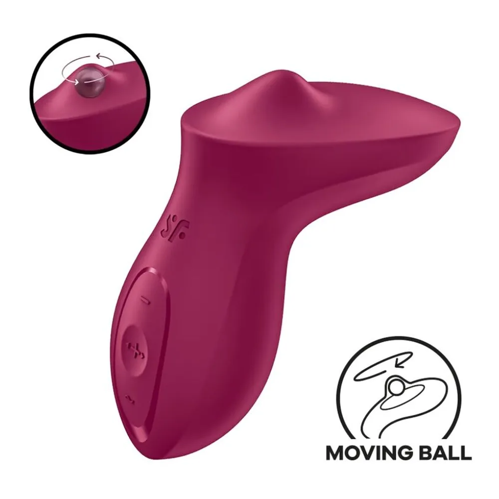 Vibromasseur en silicone bordeaux, forme ergonomique courbe avec pointe arrondie, sur fond blanc
