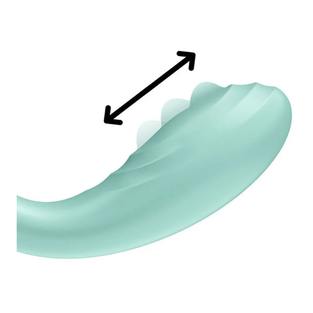Vibromasseur Point G en silicone turquoise avec extrémité arrondie, poignée ergonomique et contrôles sensitifs, sur fond blanc