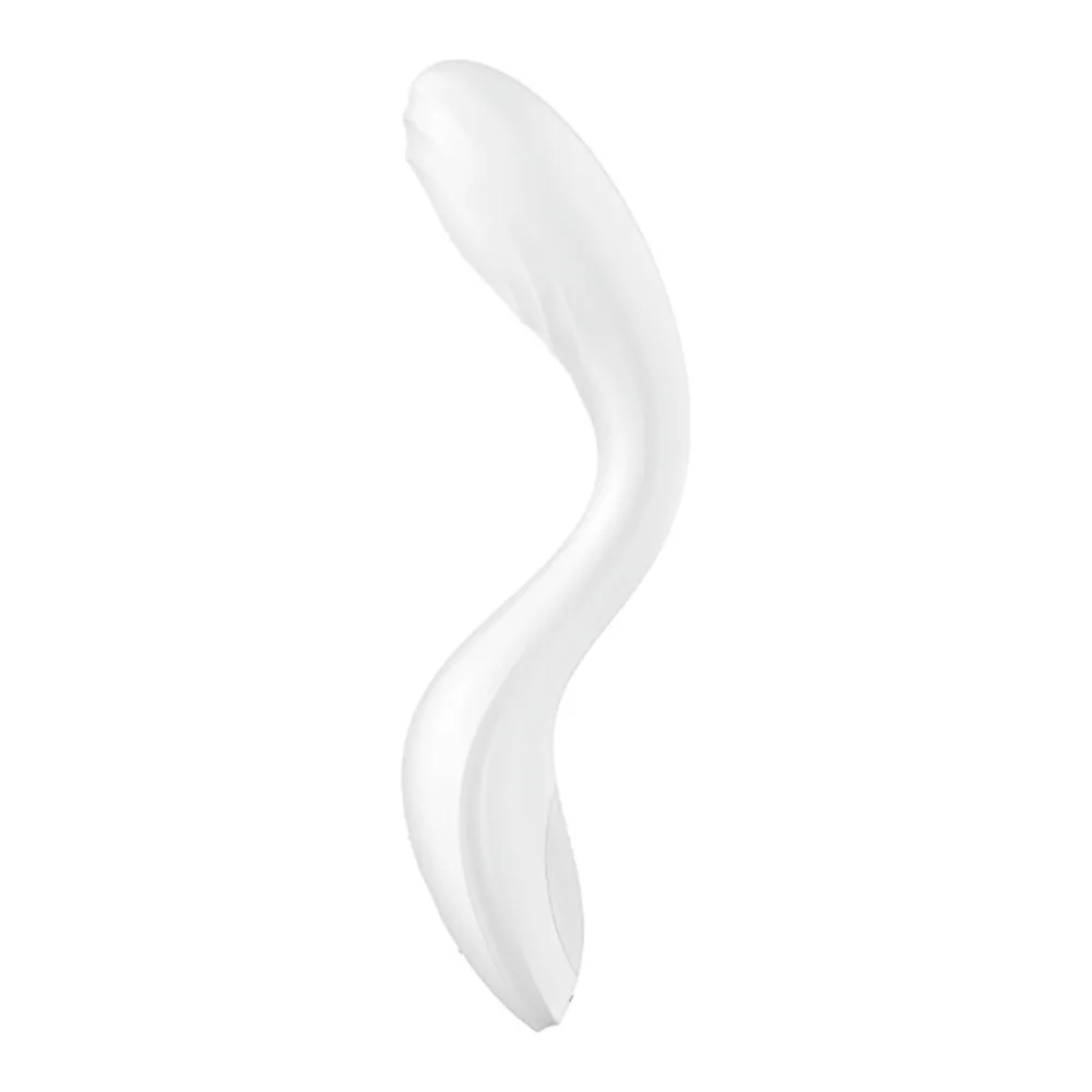Vibromasseur Point G en silicone turquoise avec extrémité arrondie, poignée ergonomique et contrôles sensitifs, sur fond blanc