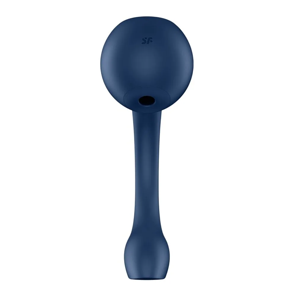 Stimulateur clitoridien bleu marine avec tête sphérique et tige effilée, orifice de stimulation visible sur la tête, design ergonomique