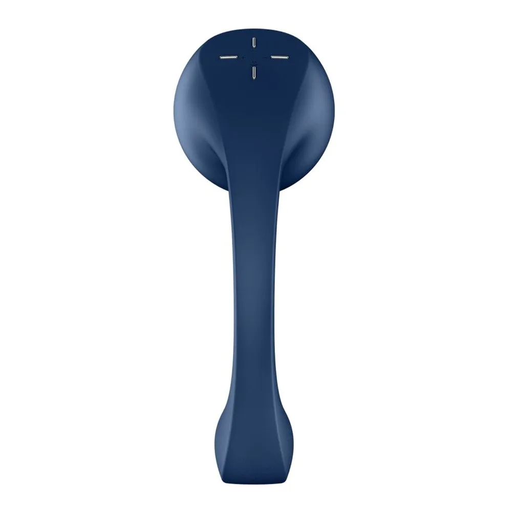 Stimulateur clitoridien bleu marine avec tête sphérique et tige effilée, orifice de stimulation visible sur la tête, design ergonomique