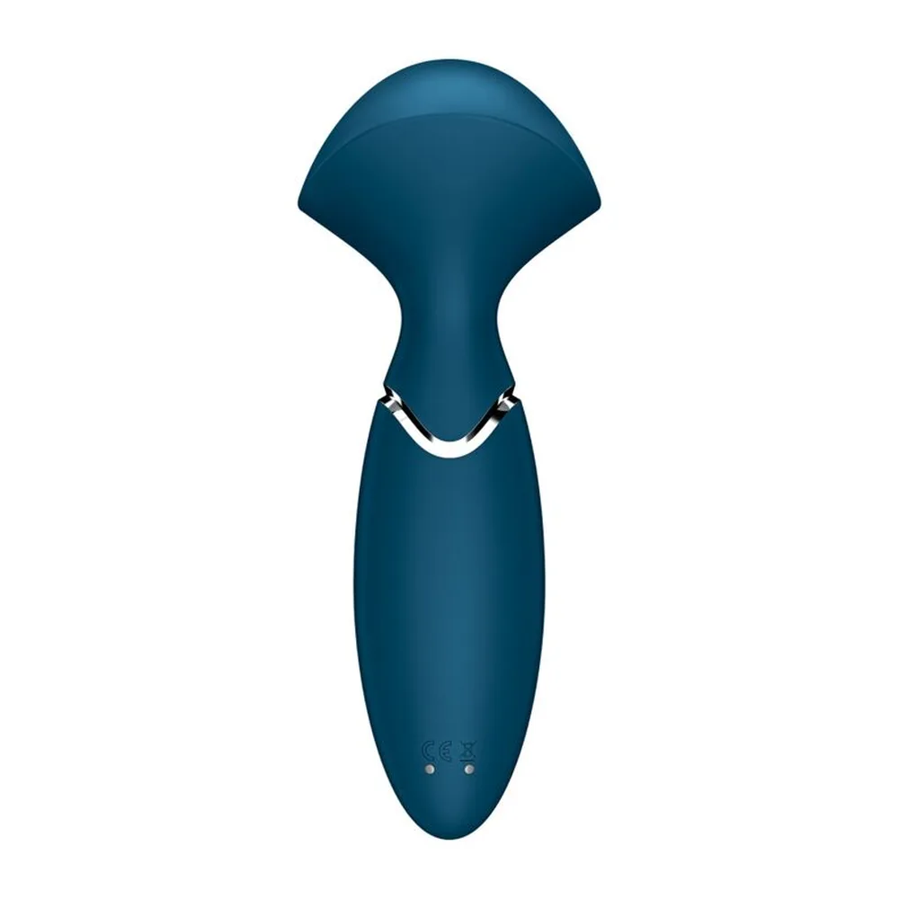 Wand Mini Wonder bleu pétrole, tête plate et arrondie, manche effilé avec anneau blanc, fond blanc