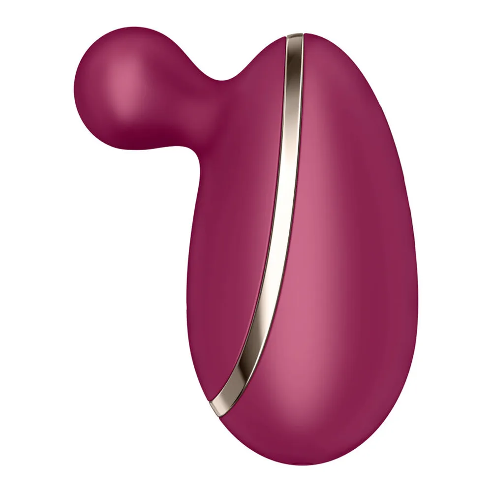 Stimulateur clitoridien en silicone bordeaux avec embout pointu arrondi, bande métallique argentée sur le côté, fond blanc