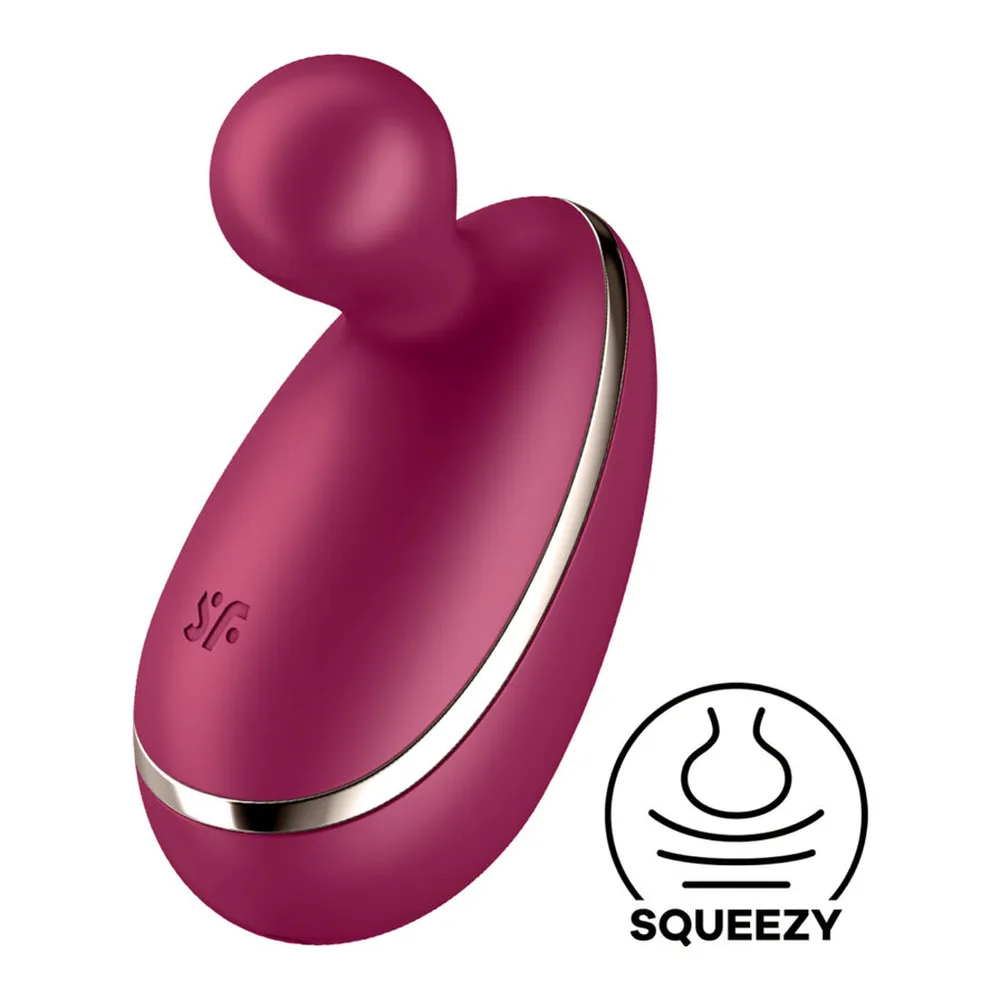 Stimulateur clitoridien en silicone bordeaux avec embout pointu arrondi, bande métallique argentée sur le côté, fond blanc