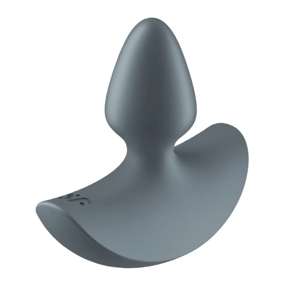 Plug anal gris anthracite en silicone, forme bulbeuse avec base évasée en croissant, surface lisse mate sur fond blanc