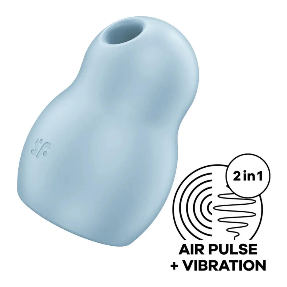 Stimulateur en silicone vert menthe, forme organique arrondie avec ouverture supérieure, logo gravé, accompagné d'un pictogramme indiquant les fonctions air pulsé et vibration 2 en 1