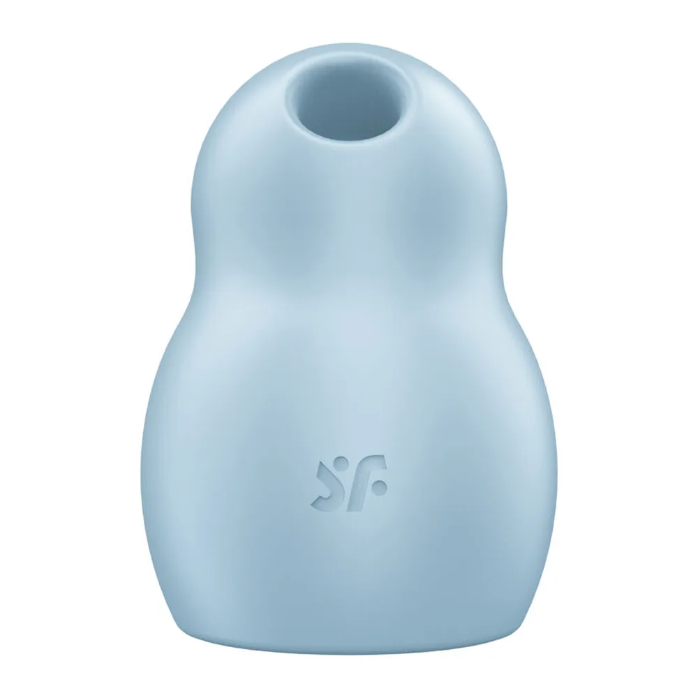 Stimulateur en silicone vert menthe, forme organique arrondie avec ouverture supérieure, logo gravé, accompagné d'un pictogramme indiquant les fonctions air pulsé et vibration 2 en 1