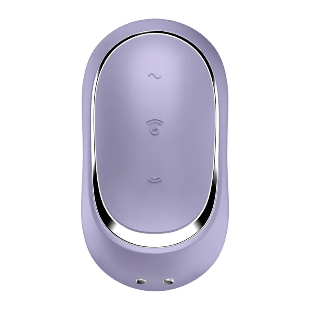Boîte de stimulateur vibrateur Satisfyer Pro To Go 2 de couleur gris-violet, avec illustration d'un visage stylisé et mentions des fonctionnalités air pulsé et vibration