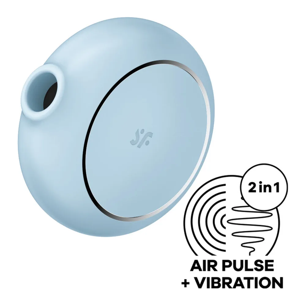 Stimulateur rose poudré de forme ronde avec ouverture latérale, accompagné d'un schéma montrant ses deux fonctions air pulsé et vibration