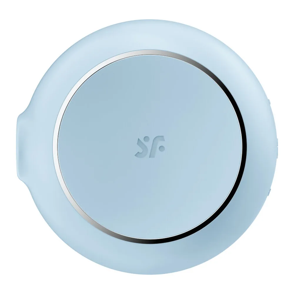 Stimulateur rose poudré de forme ronde avec ouverture latérale, accompagné d'un schéma montrant ses deux fonctions air pulsé et vibration