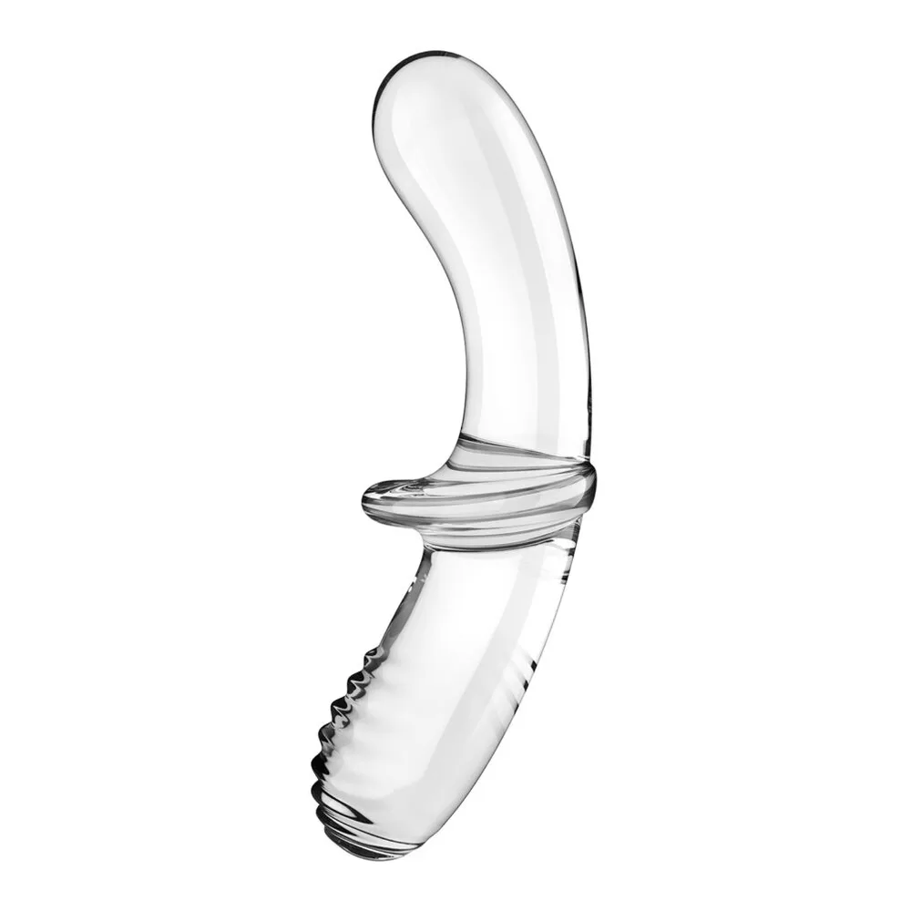 Emballage du Double Crystal Satisfyer, godemichet en verre transparent avec extrémités lisses et striées, base large centrale, boîte dégradée grise et violette