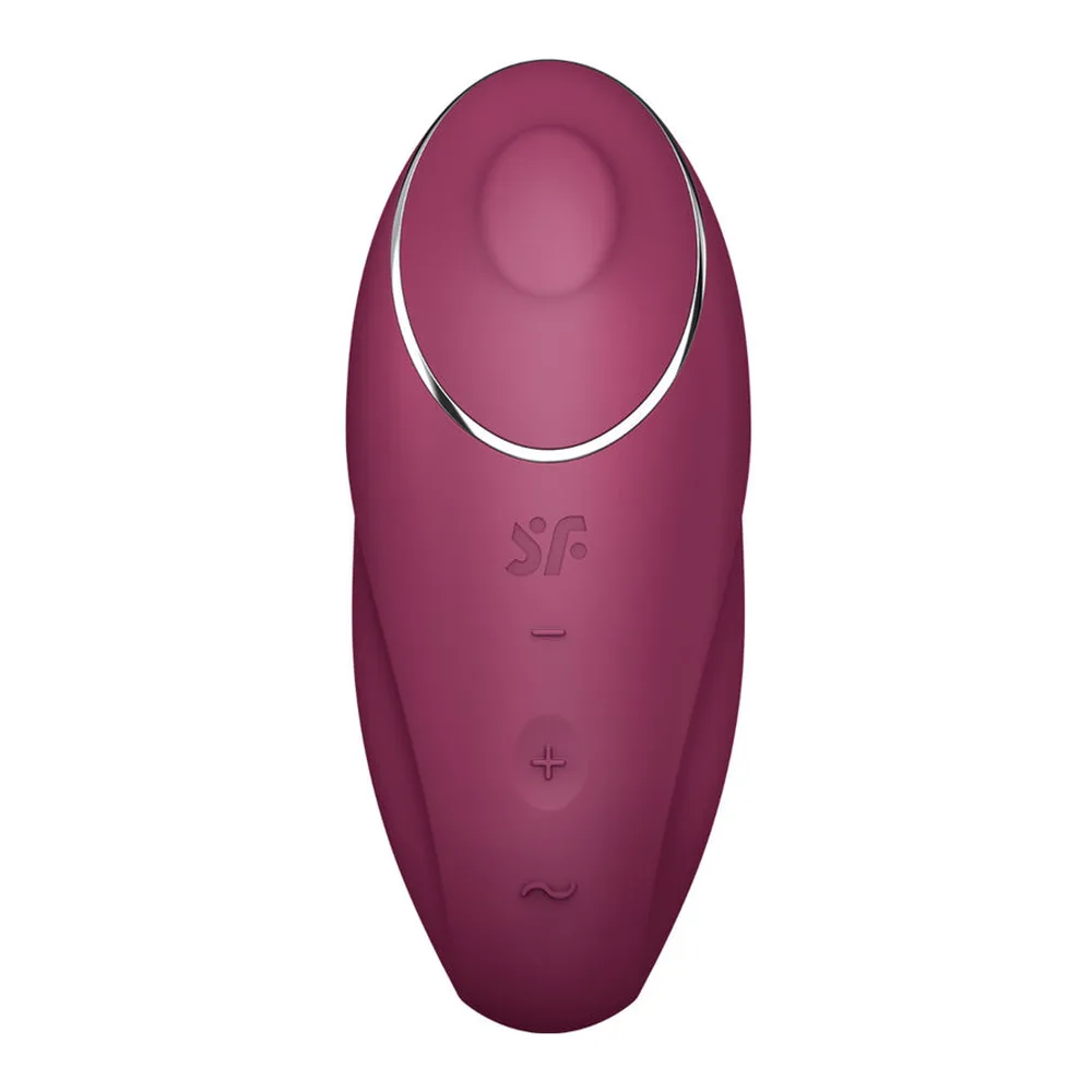 Stimulateur clitoridien Tap Climax en silicone lisse bordeaux, forme ovale arrondie avec embout effilé et commandes tactiles à la base, sur fond blanc