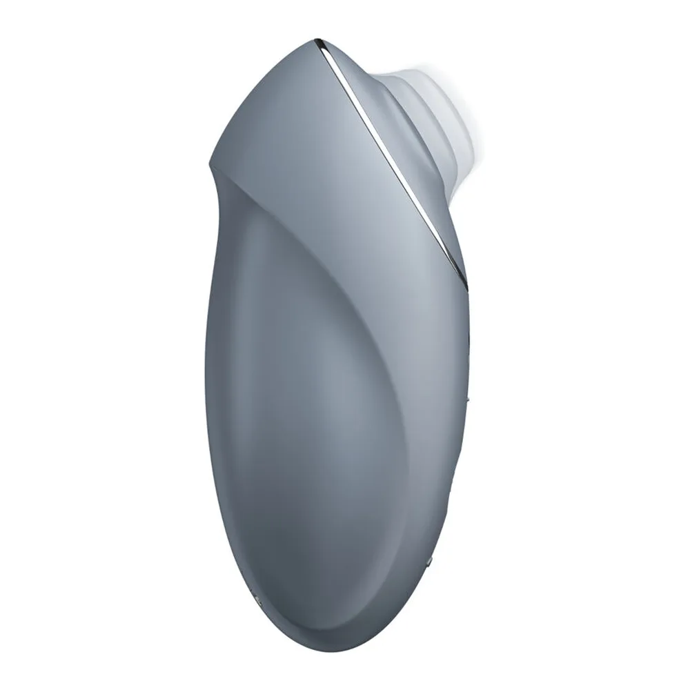 Stimulateur clitoridien Tap Climax en silicone lisse bordeaux, forme ovale arrondie avec embout effilé et commandes tactiles à la base, sur fond blanc