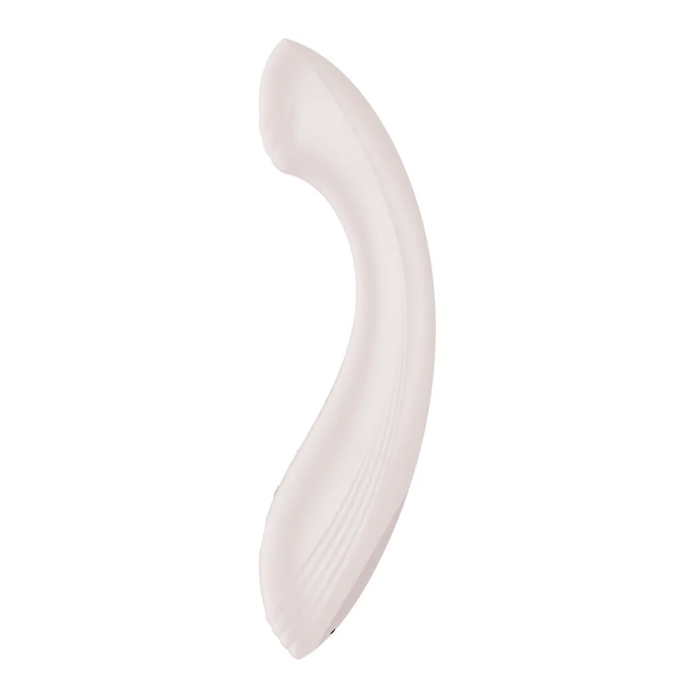 Vibromasseur rose clair à corps courbé et strié, extrémité aplatie arrondie, fond blanc