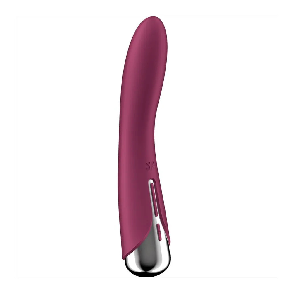 Vibromasseur point G en silicone bordeaux avec tête sphérique rotative et base métallique chromée, sur fond blanc