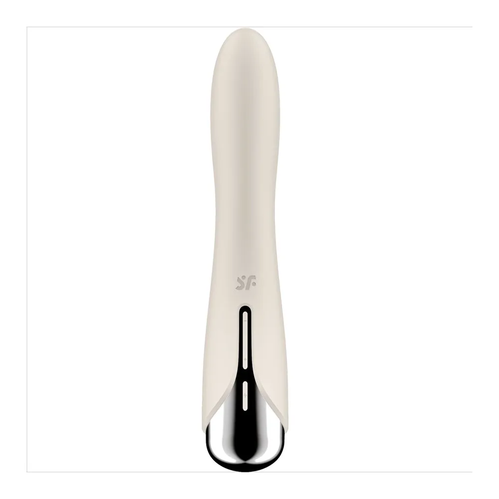 Vibromasseur point G en silicone bordeaux avec tête sphérique rotative et base métallique chromée, sur fond blanc