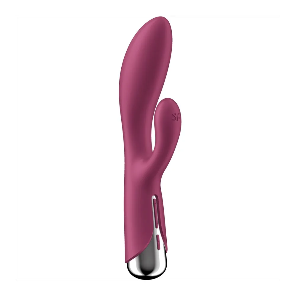 Vibromasseur rabbit rose mauve avec tige lisse et arrondie, tête bulbée, lapin articulé noir et blanc en silicone à la base, fond blanc